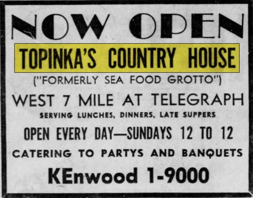 Topinkas Country House - May 1958 Opening Ad